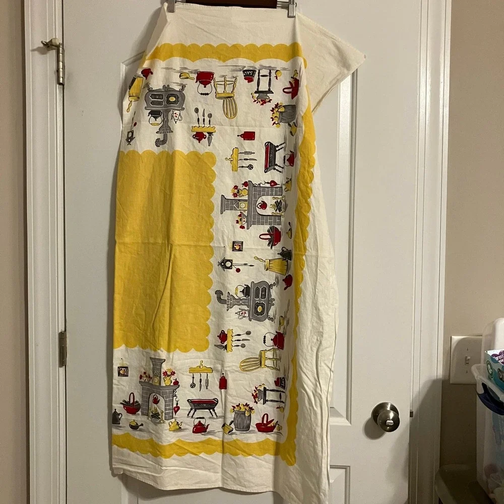 Vtg 1960s Country Kitchen‎ Tablecloth Yellow Stove Utensils Kettle 46x46